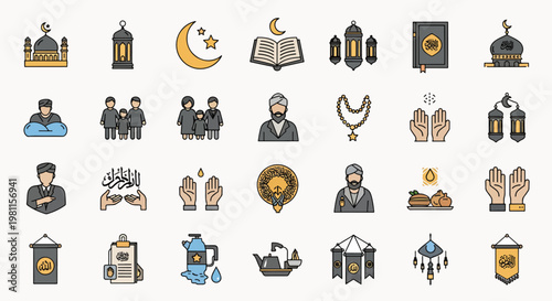 Islamic icons collection set, including mosque, crescent moon, holy book, prayer beads, and family symbols for Ramadan and Eid celebrations