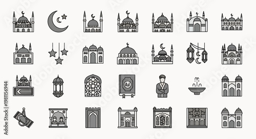 Islamic Icons Collection Set Mosques Buildings Crescent Moon Stars Lanterns Holy Book Prayer Mat Fountain Ramadan Symbols