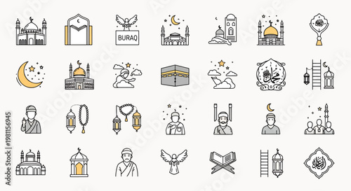 Islamic Icons Set A Collection of Religious Symbols Mosques Stars Moon People and Islamic Calligraphy
