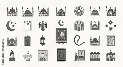 Islamic Icons Collection Set Of Mosques, Moon, Stars, Quran, Lanterns, Prayer Mat And Person Moslem Ramadan
