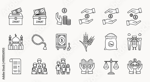 Islamic icons collection set Zakat mosque prayer beads holy book wheat sack and scales for charity and faith concepts