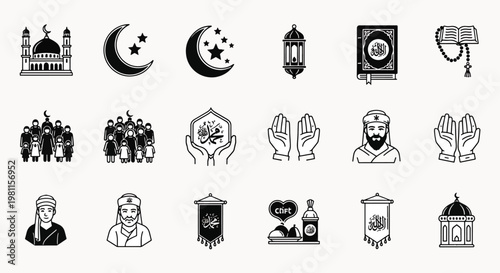 Islamic Icons Collection Set for Ramadan and Eid, Mosques, Crescent Moon Stars, Quran, Praying Hands, People Family, Islamic Banner