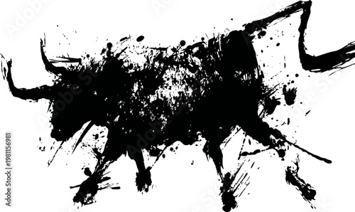 Abstract black ink splatter bull silhouette with dynamic brush stroke texture and energy motion