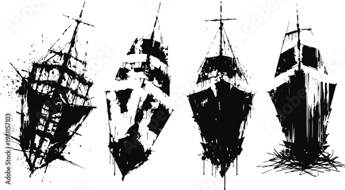 Silhouettes of vintage sailing ships in black and white with detailed rigging and masts