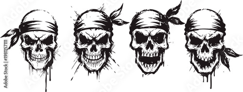 four detailed skull illustrations with bandanas, fierce expressions, and dripping ink design