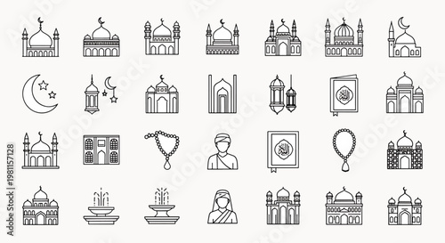 Islamic Icons Collection Featuring Mosques Moon Stars Lanterns Prayer Beads Quran and People for Ramadan Eid Celebrations