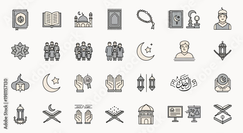 Islamic Icon Set Ramadan Kareem Collection Mosques Prayer Rugs Holy Books Moon Crescent and Man Symbols
