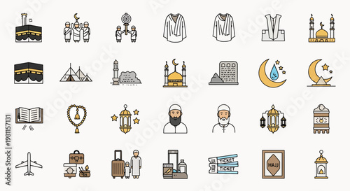 Islamic Hajj Pilgrimage Icons Set, Kaaba Mosque Medina Buildings, Ihram Clothing, Holy Quran, Prayer Beads, Travel Tickets, Airplane