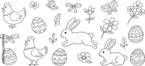 Easter Hand Drawn Doodle Set with Bunny, Chicken, Eggs, Flowers and Spring Elements for Holiday Design, Greeting Cards and Creative Illustrations