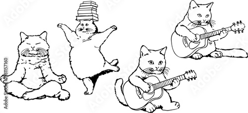 Vector set of cats performing yoga, dancing with books, and playing acoustic guitars.