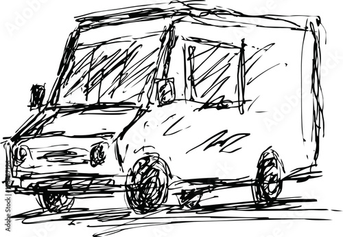 Vintage camper van sketch hand drawn black and white illustration of retro travel trailer with windows and wheels