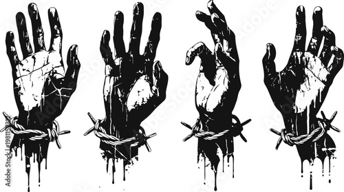 Set of four black and white grunge hands with barbed wire wrapped around wrists, dripping ink effect