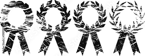 Four vintage award ribbons with laurel wreaths and tails in black and white distressed