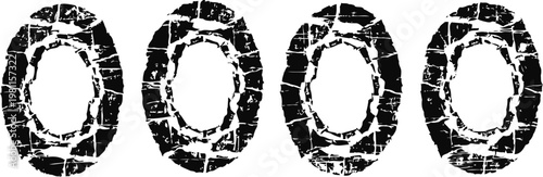 Four black tire tracks with cracked grunge texture in a row on white background