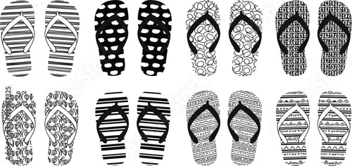Flip Flop Sandal Pattern Set with Decorative Black and White Designs, Summer Footwear Textures and Beach Style Graphic Elements for Creative Projects