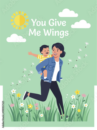 Mother giving piggyback ride to son in field, you give me wings text