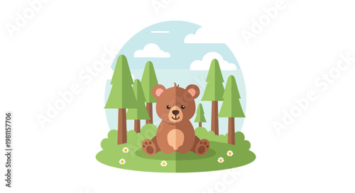 Flat style illustration of cute baby bear sitting in forest clearing with trees and soft sky, perfect for nursery design, kids products, and adorable wildlife themes