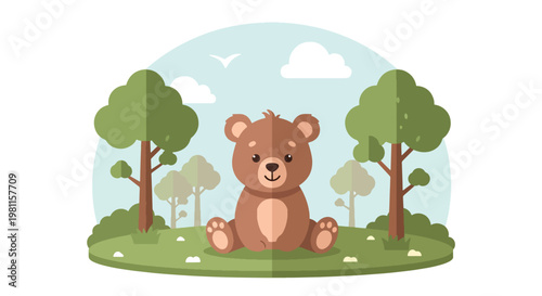 Flat style illustration of cute baby bear sitting in forest clearing with trees and soft sky, perfect for nursery design, kids products, and adorable wildlife themes