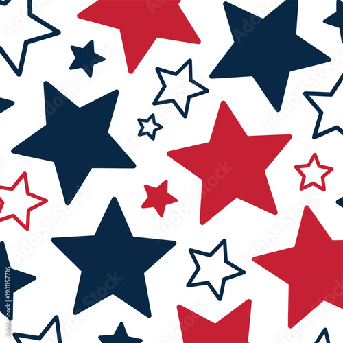 Red white and blue star pattern design for american independence day celebrations patriotic background with mixed sizes and outlines.