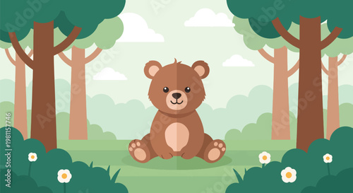Flat style illustration of cute baby bear sitting in forest clearing with trees and soft sky, perfect for nursery design, kids products, and adorable wildlife themes