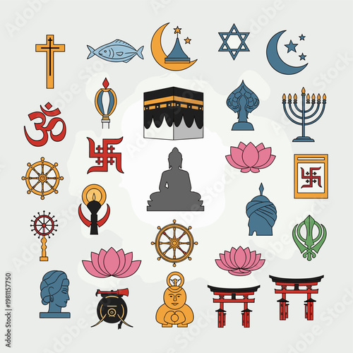 A comprehensive collection of religious symbols from various faiths and cultures, presented in a visually organized grid.