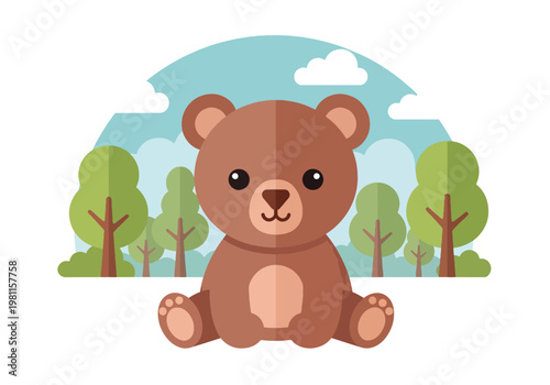 Flat style illustration of cute baby bear sitting in forest clearing with trees and soft sky, perfect for nursery design, kids products, and adorable wildlife themes