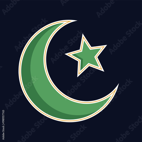 A stylized green crescent moon with a five-pointed star inside, set against a dark blue background.