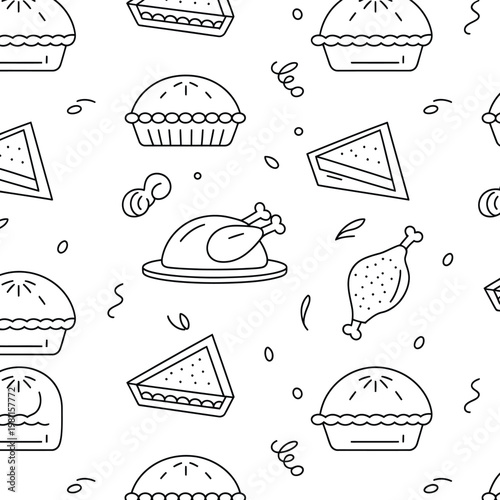 Seamless pattern of thanksgiving day food outline doodle icons on transparent background, perfect for holiday designs.