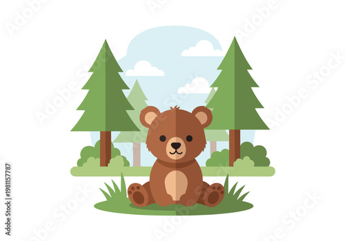 Flat style illustration of cute baby bear sitting in forest clearing with trees and soft sky, perfect for nursery design, kids products, and adorable wildlife themes
