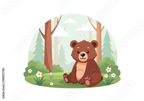 Flat style illustration of cute baby bear sitting in forest clearing with trees and soft sky, perfect for nursery design, kids products, and adorable wildlife themes
