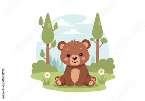 Flat style illustration of cute baby bear sitting in forest clearing with trees and soft sky, perfect for nursery design, kids products, and adorable wildlife themes