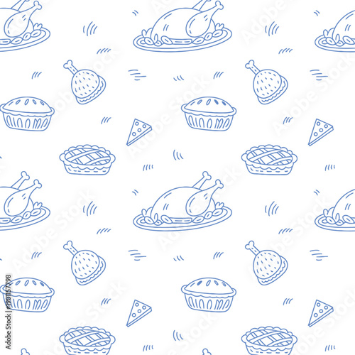 Seamless pattern of thanksgiving day food outline doodle icons in blue on transparent background, perfect for holiday designs.