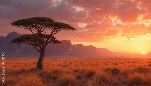 Iconic acacia tree stands silhouetted against a vibrant sunrise sky in the African savanna. Vast arid landscape with golden grasses stretches towards distant mountains under dramatic clouds.