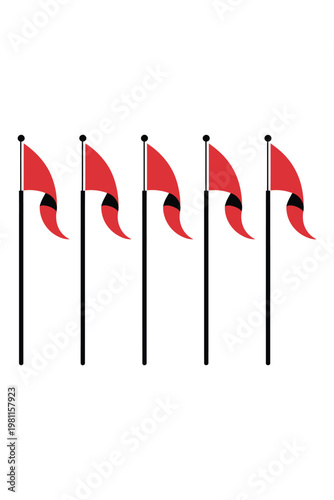 Red waving flag poles arranged in row for sports racing finish line celebration event signal element isolated transparent background.