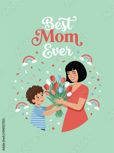 Happy mothers day card featuring young boy giving bouquet of tulips to his mother on green background