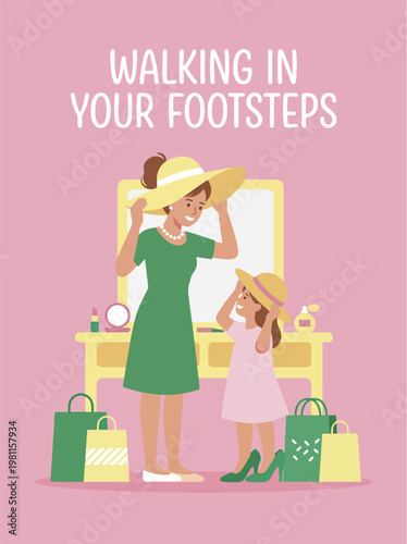 Cute daughter trying on large hat and heels while standing with mother at makeup vanity illustration