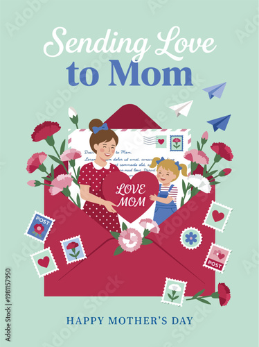 Festive mothers day envelope bursting with carnations and letter featuring mom and daughter artwork