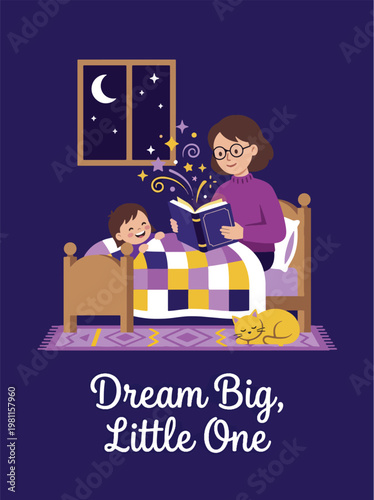 Mother reads bedtime story to her son in bed, creating a magical atmosphere with stars