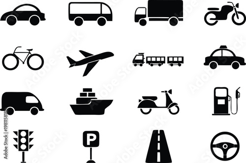 Silhouette Transportation Vehicle Icons Set 16 Icons Grid