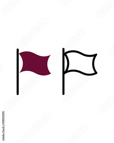 Pair of simple flag icons featuring filled burgundy shape and black outline version isolated on transparent background for mark.