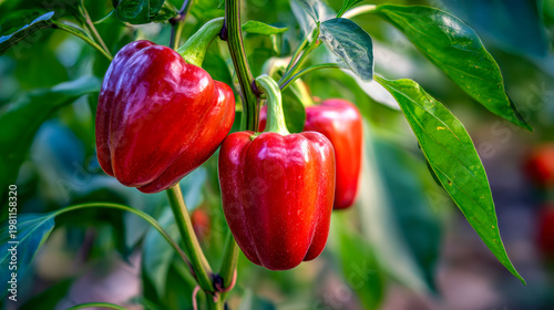 Vibrant red bell peppers ripening on the lush green plant in a garden under natural sunlight with rich colors and detailed textures on the leaves and fruit