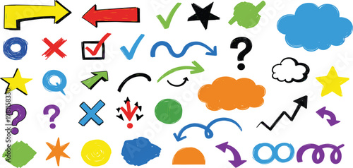 Hand Drawn Symbol Icon Set with Arrows, Check Marks, Stars, Clouds, and Doodle Shapes for Infographic Design, UI Elements, and Creative Projects