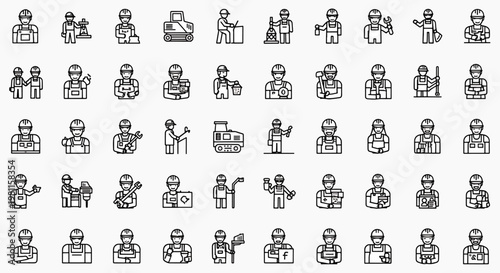 Construction worker icon set with various tools and equipment, depicting different construction professions and tasks, clean outline style