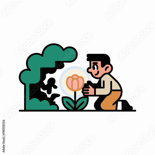 Minimalist vector illustration of a person kneeling down to care for a glowing flower in a lush green garden setting with soft lines and flat colors for modern projects