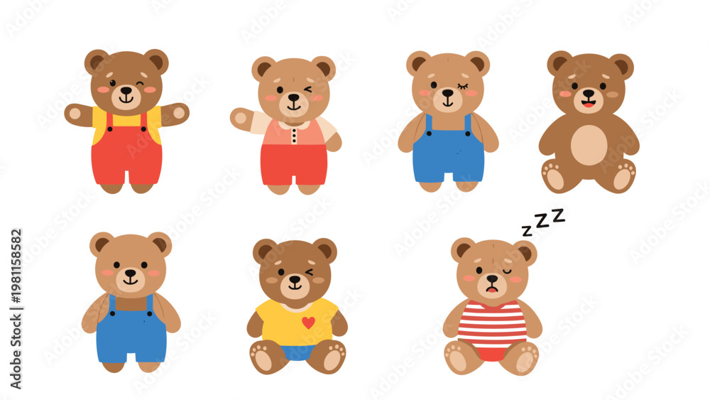 Fototapeta premium Collection of six charming teddy bear characters in various outfits and poses including one waving and one sleeping bear.