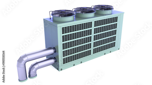 Chiller AHU System - Air Conditioner. front view slightly from the side and slightly from above. 3D rendering isolated on white background. Ideal for professionals, educational, engineering design