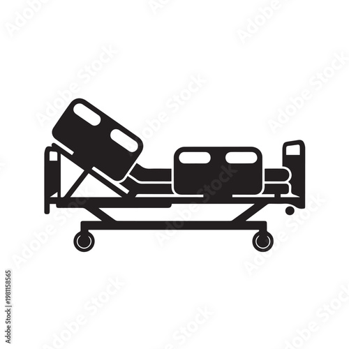 Adjustable hospital bed with a patient lying down, depicted in a simple black silhouette against a plain white background, medical equipment.