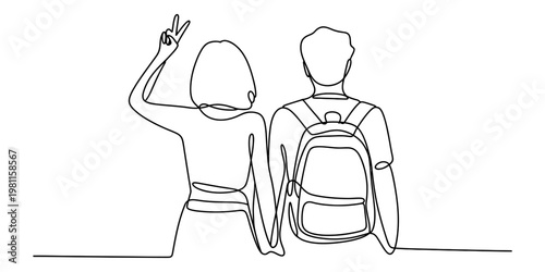 Continuous line drawing of a young couple holding hands and showing peace sign while traveling.
