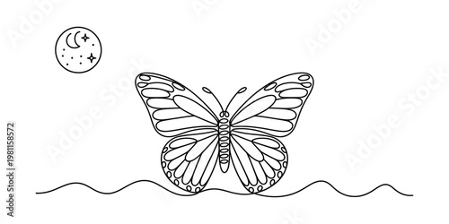 butterfly, insect, wing, moon, crescent, star, sky, night, nature, line, art, illustration, minimalist, drawing, outline, sketch, coloring, page, book, design, tattoo, pattern, wavy, simple, black, wh