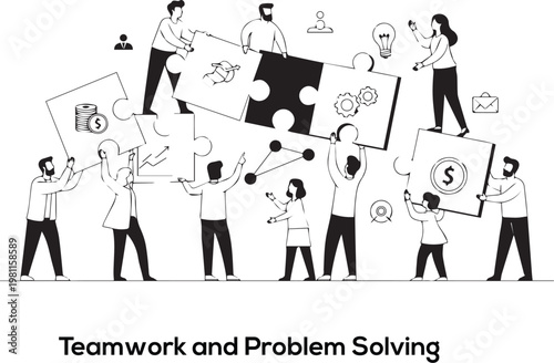 A vector illustration of a successful business people team working together in a circle concept to symbolize teamwork and group unity through creative cartoon art design